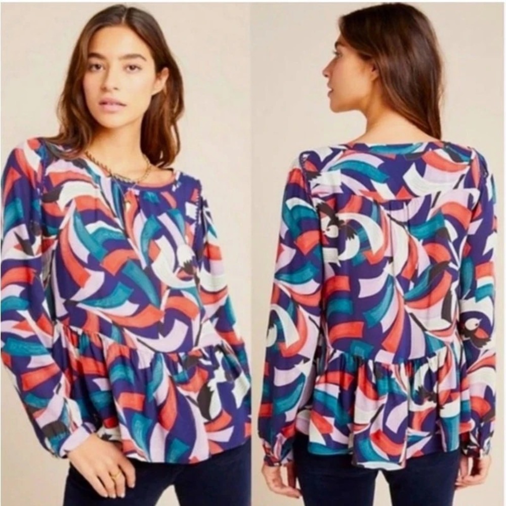Anthropologie Maeve Cheyenne Peplum Blouse Women's Small Long Sleeve Bird‎ Print